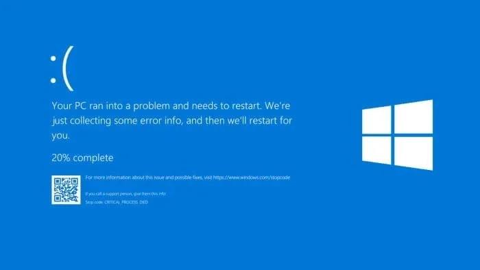 Tampilan layar Blue Screen dengan kode QR dan pesan error Windows