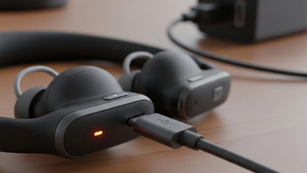 Proses pengisian daya baterai headset bluetooth agar koneksi stabil.