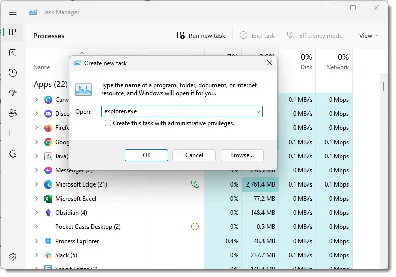 Langkah-langkah menggunakan Task Manager untuk menjalankan explorer.exe
