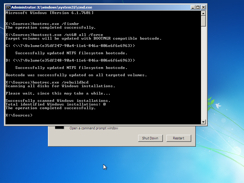 Menggunakan Command Prompt untuk memperbaiki bootloader Windows