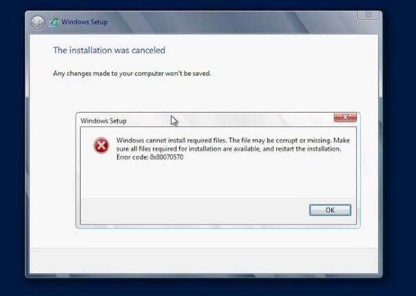 Pesan error 0x80070570 saat proses instalasi Windows 10/11.