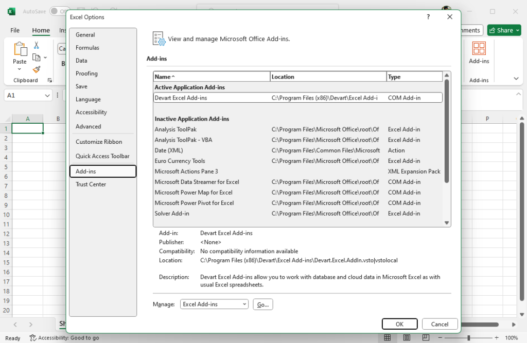 Menonaktifkan COM Add-ins untuk memperbaiki Excel crash