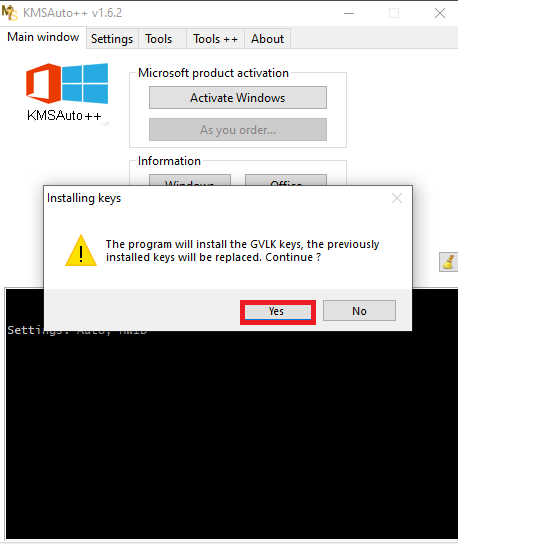 Apabila muncul jendela notifikasi bertuliskan "The program will install the GVLK keys, the previously installed keys will be replaced. Continue?", silakan klik Yes untuk mengonfirmasi pemasangan kunci GVLK tersebut.