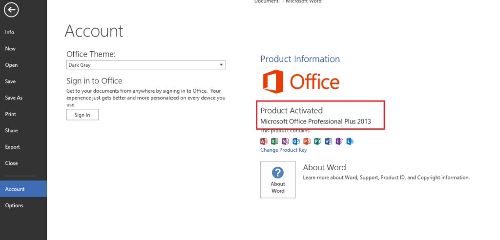 Untuk memverifikasi bahwa status aktivasi Microsoft Office telah aktif, silakan buka aplikasi Microsoft Word, kemudian arahkan navigasi ke menu File dan pilih Account. Pada bagian informasi produk, pastikan terdapat keterangan Product Activated yang menandakan bahwa seluruh fitur telah terbuka dan perangkat lunak siap digunakan sepenuhnya tanpa batasan lisensi.