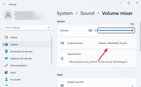 Menu pengaturan sound settings untuk memilih output audio laptop.