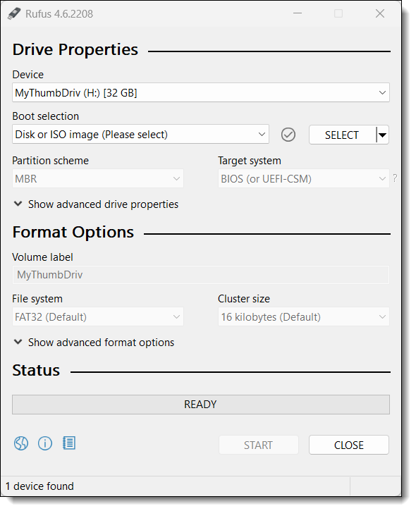 Tampilan menu utama aplikasi Rufus untuk membuat bootable