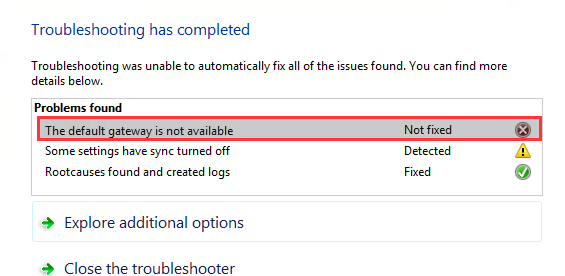 Pesan error default gateway pada Windows Network Diagnostics.