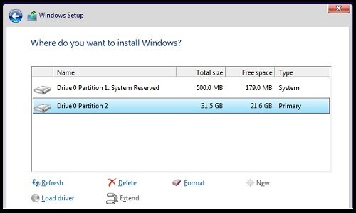 Menu pemilihan partisi pada proses instalasi Windows 10 atau 11