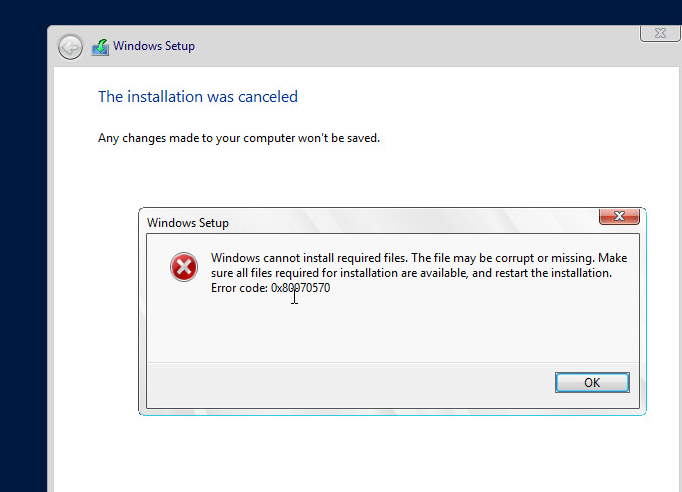 Pesan Error 0x80070570 Windows cannot install required files saat instalasi