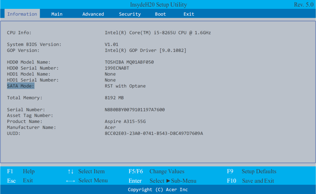 Menu pengaturan SATA Mode AHCI di dalam BIOS atau UEFI