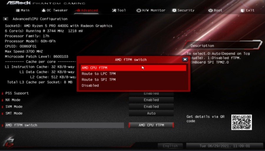 Menu konfigurasi TPM PTT dan fTPM di BIOS.