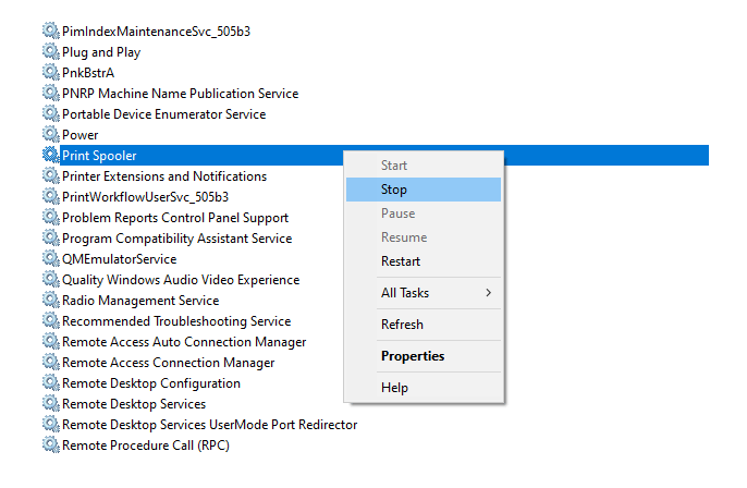 Tampilan menu pengaturan layanan Print Spooler di Windows