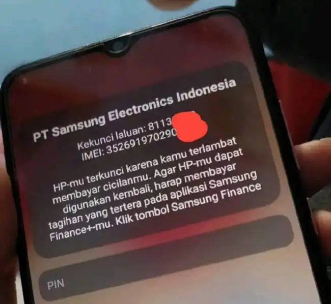 Tampilan layar hp samsung yang terkunci sistem kredit.