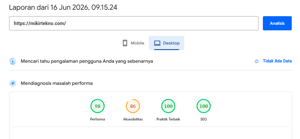Hasil skor performa website di Google PageSpeed Insights