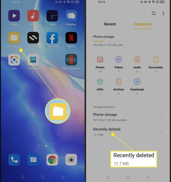 Menu Trash untuk cara mengembalikan file yang terhapus di Android.