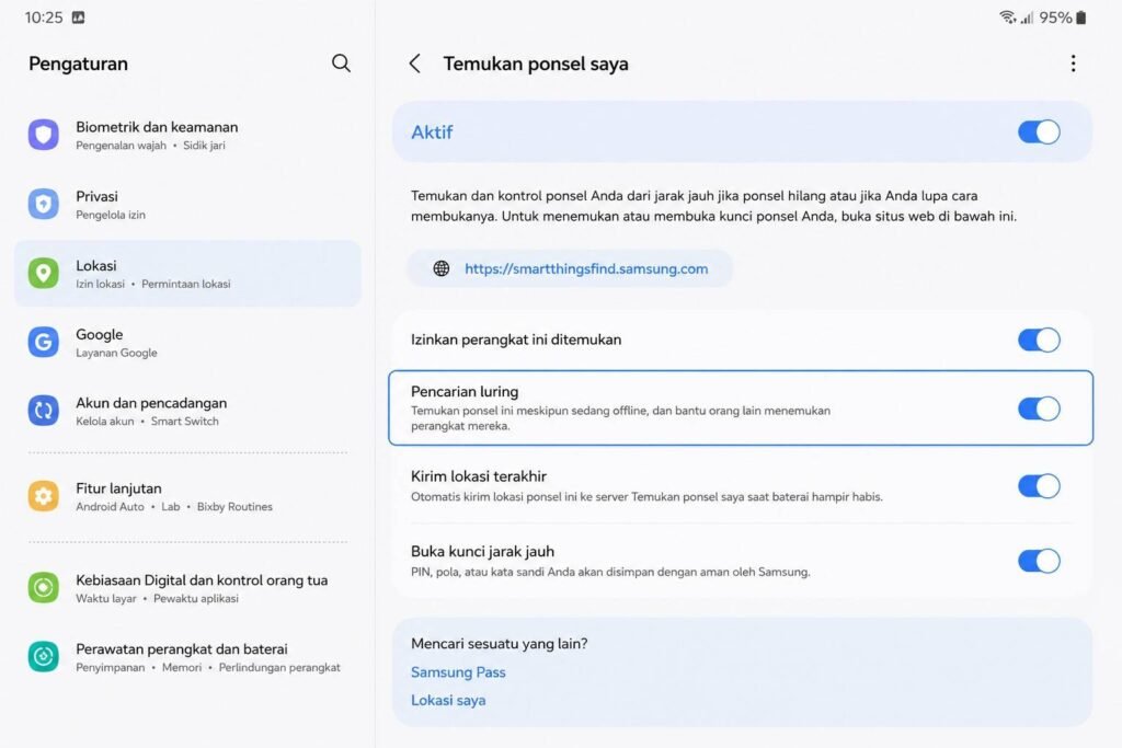 Mengaktifkan fitur offline finding di pengaturan