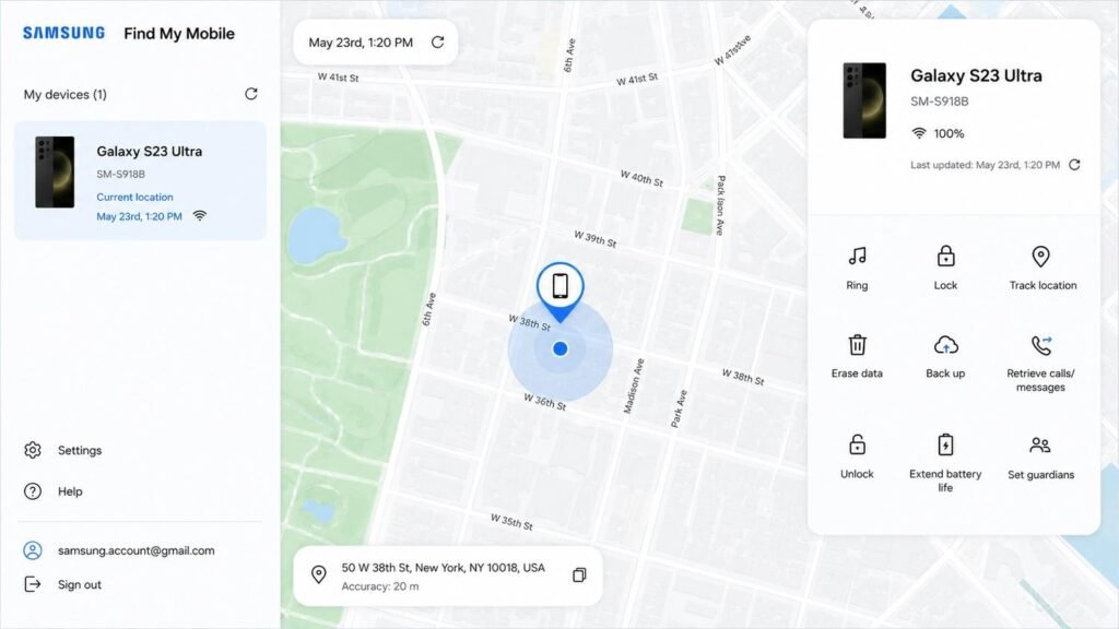 Tangkapan layar antarmuka peta digital yang menunjukkan titik lokasi koordinat ponsel pintar yang sedang dilacak.